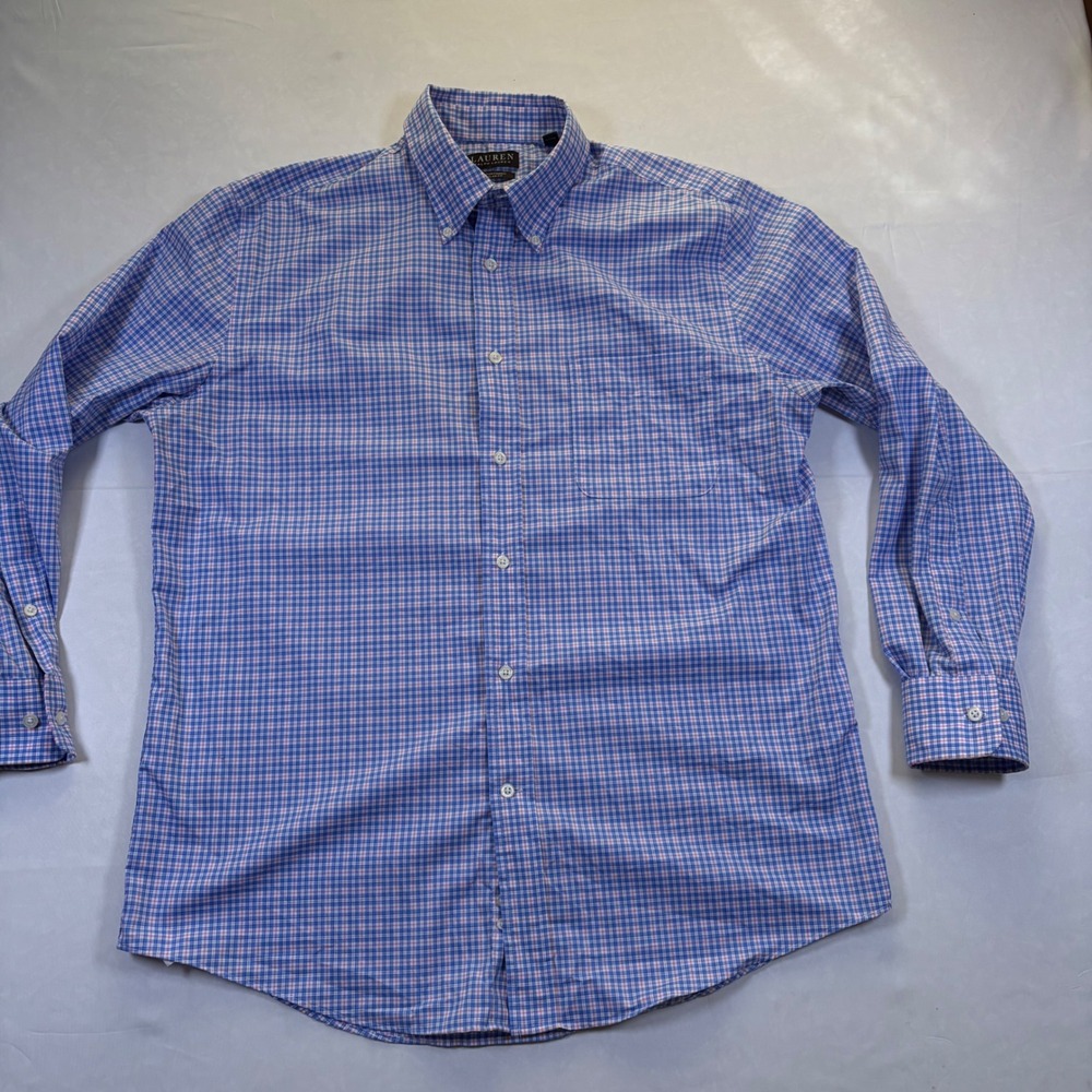 Lauren Ralph Lauren Mens Blue Pink Plaid Stretch Regular Fit Shirt 16 32/33 L